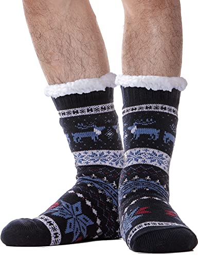 ANTSANG Mens Slipper Socks Fuzzy Cozy Cabin Fluffy Winter Warm Thick Comfy Fleece Bed Soft Plush Sherpa Sleep Home Grips Non Slip Christmas Gift Stocking Stuffer (Black and Blue)