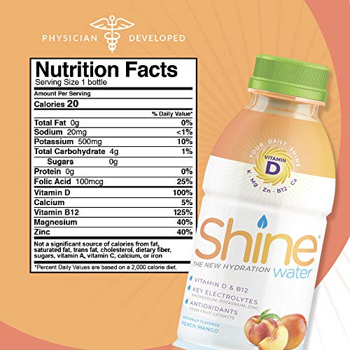 Shine Water "The New Hydration" Vitamin D + Electrolyte + Antioxidant Water, Zero Sugar, Naturally Flavored, Made in The USA! 16.9oz. BPA Free Bottle (12 Pack) (PEACH MANGO)