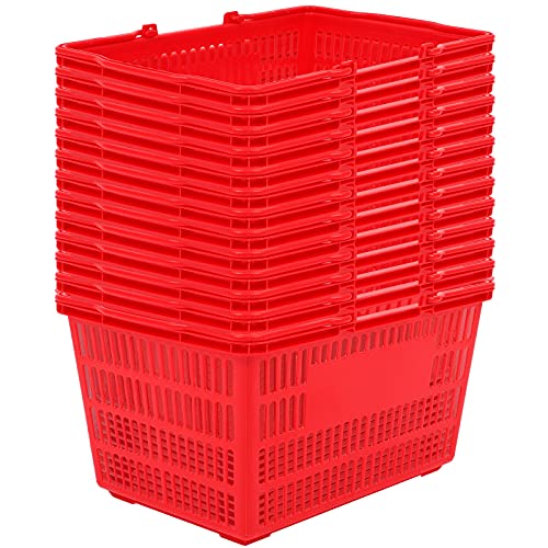 25L Shopping Basket Set of 12 Durable Red Plastic Shopping Basket with Handle, Portable Plastic Shopping Basket, Red Plastic Shopping Basket Set for Store Shopping