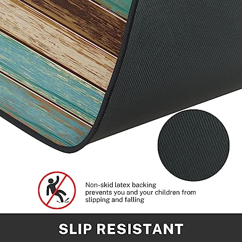 Tayney Rustic Kitchen Rugs And Mats Non Skid Washable Set Of 2, Teal Country Wood Board Kitchen Runner Rug, Turquoise Brown Stripes Wooden Plank Texture Under Sink Mats For Kitchen Floor Decor #TOP4