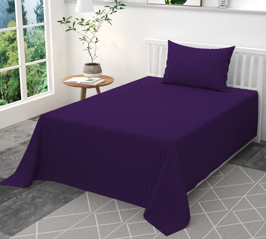 Image of 300 TC Glace Cotton Plain Stripe Queen Size Single Bedsheet with 1 Pillow Cover for Home, Hotel, Guest Room (60 X 90) Inch Voilet Pack 1