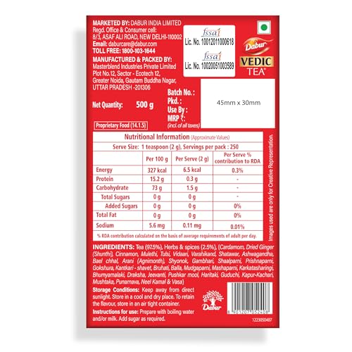 Image of Dabur Vedic Tea - 500gm | Premium Dust Tea | Goodness of 7 Natural Ingredients | Ginger, Elaichi, Dalchini, Tulsi, Adhimadhuram, Ashwagandha, Haritaki | With Real Ayurvedic Herbs