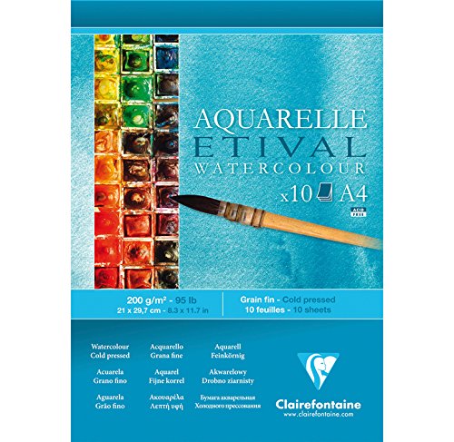 CLAIREFONTAINE Lot de 5 Blocs 10 feuilles Aquarelle encollé A4 Etival Grain fin 200g