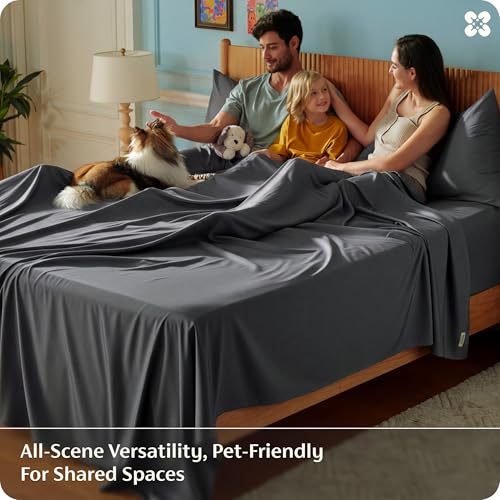 Image of Bedsure Full Size Bed Sheets, Cooling Sheets, Rayon Derived from Bamboo, PureWoven, Breathable & Soft, Deep Pocket Up to 16 Inches, Hotel Luxury Silky Bedding for Hot Sleepers, Charcoal