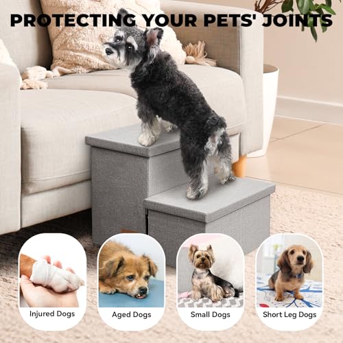 Image of Dog Stairs with Storage 12 inch H, 2-Step Wider Dog Steps for Dogs Cats, Folding Sturdy Pet Stairs Climbing Sofa Couch, Ramp for Car Hold Up to 150 lbs (Gray, No Condo)