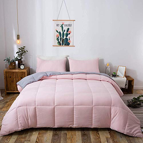 Domdec 3-Piece Down Alternative Quilted Comforter Set All Season Reversible Duvet Insert With 2 Standard Pillow Shams Machine Washable Light Weight(Full/Queen Set, Pink/Grey) #TOP2