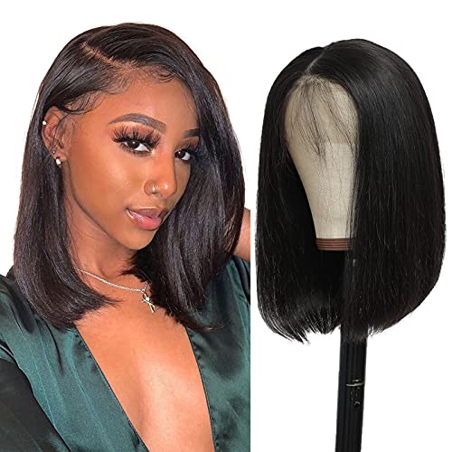 Short Bob 13x4 Lace Front Wigs Human Hair Brazilian Virgin Straight Lace Frontal Wig for Black Women Pre Plucked Bleached Knots with Baby Hair Natural Color 12 inch