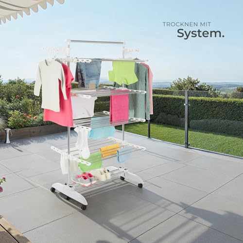 tectake® Wäscheständer, Turm Wäschespinne mit 4 höhenverstellbaren Ebenen, Wäschetrockner mit Rollen, platzsparender Wäscheturm, 2 drehbare Seitenflügel, klappbarer Standtrockner für Innen & Außen – Bild 2