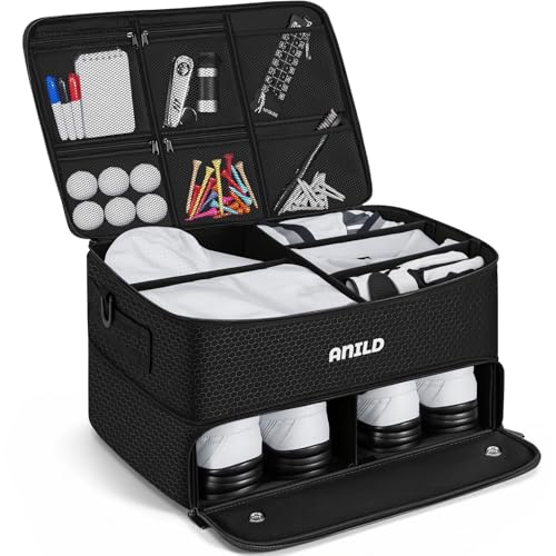 Image of ANILD Golf Trunk Organizer, 2 Layer Golf Storage Case with Separate Ventilated Compartment for 2 Pair Shoes, for Balls, Tees, Clothes, Gloves, Accessories, Golfer Gifts
