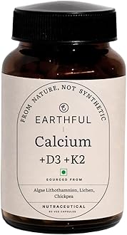 Earthful Calcium Magnesium Capsules | 100% Plant, Non-Synthetic | Bone Health Support with Vitamin D3 & K2 | 60 Capsules for Stronger Bones & Joint Relief | Clean Formula, No Additives, 260 grams