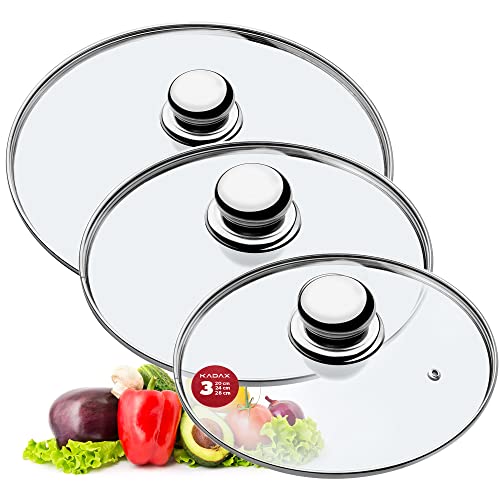 KADAX Juego de tapas universales de cristal con asa, resistentes al calor, juego de tapas en diferentes tamaños, tapa de cristal para olla, sartén (20+24+28 cm, mango de metal)