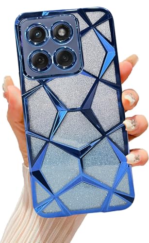 Image of VONZEE Gradient Glitter Case for Moto Edge 60 Fusion, Luxury Electroplated 3D Cube, Diamond Bling Shiny Soft TPU Clear Shockproof Women Girls Protective Phone Cover (Blue)