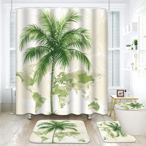 ubcindy 4 Pcs Green Tropical Palm Tree on Old World Map Shower Curtain Sets with Non-Slip Rugs, Bath Mat and Toilet Lid Cover, 71