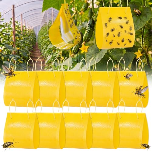 10 Pack Cucumber Beetle Trap(Lure Not Include) 5.9 x 15.75 Inch Large Replacement Beetle Traps with 20 Twist Ties Heavy Duty Wet Glue for Garden Pest Control for Squash Vine Borer Trap Outdoor