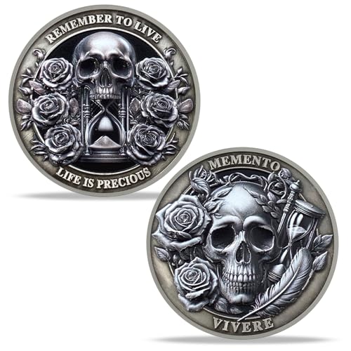 Memento Mori Coin Hourglass Skull Time Mortality Stoic Coin, Amor Fati Coin Memento Vivere Carpe Skull Collectible Keepsake Inspirational Reminder Coins Souvenir Silver-Plating