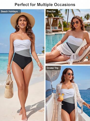Image of Smismivo Tummy Control Swimwear Strapless One Piece Swimsuit Ruched Bathing Suits for Women Slimming Bandeau Tube Top Bikini