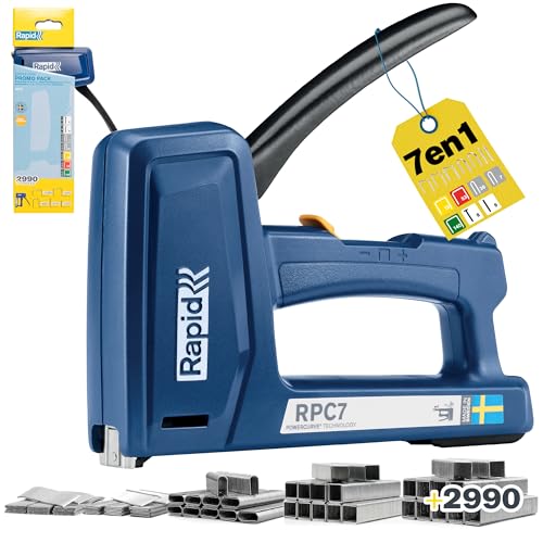 Rapid RPC7 Grapadora Manual Pesada 7-en-1 para Madera y Tapicería, Grapas y Clavos Incluidos, 2990 piezas, Versátil para Bricolaje, Cables y Alfombras, 50% Más Fácil de Presionar, Fabricado en Suecia