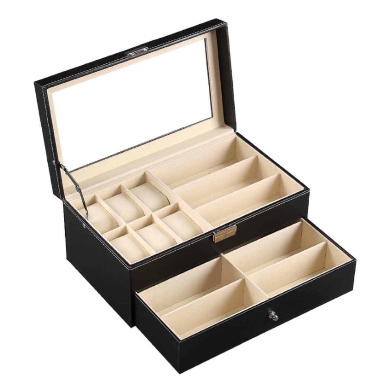 TIANQIHAO Watch Case Double Layer Pu Leather 6 Grids Watch Box 9 Pieces Eyeglasses Storage Display Holder Drawer Lockable Case Watch Box
