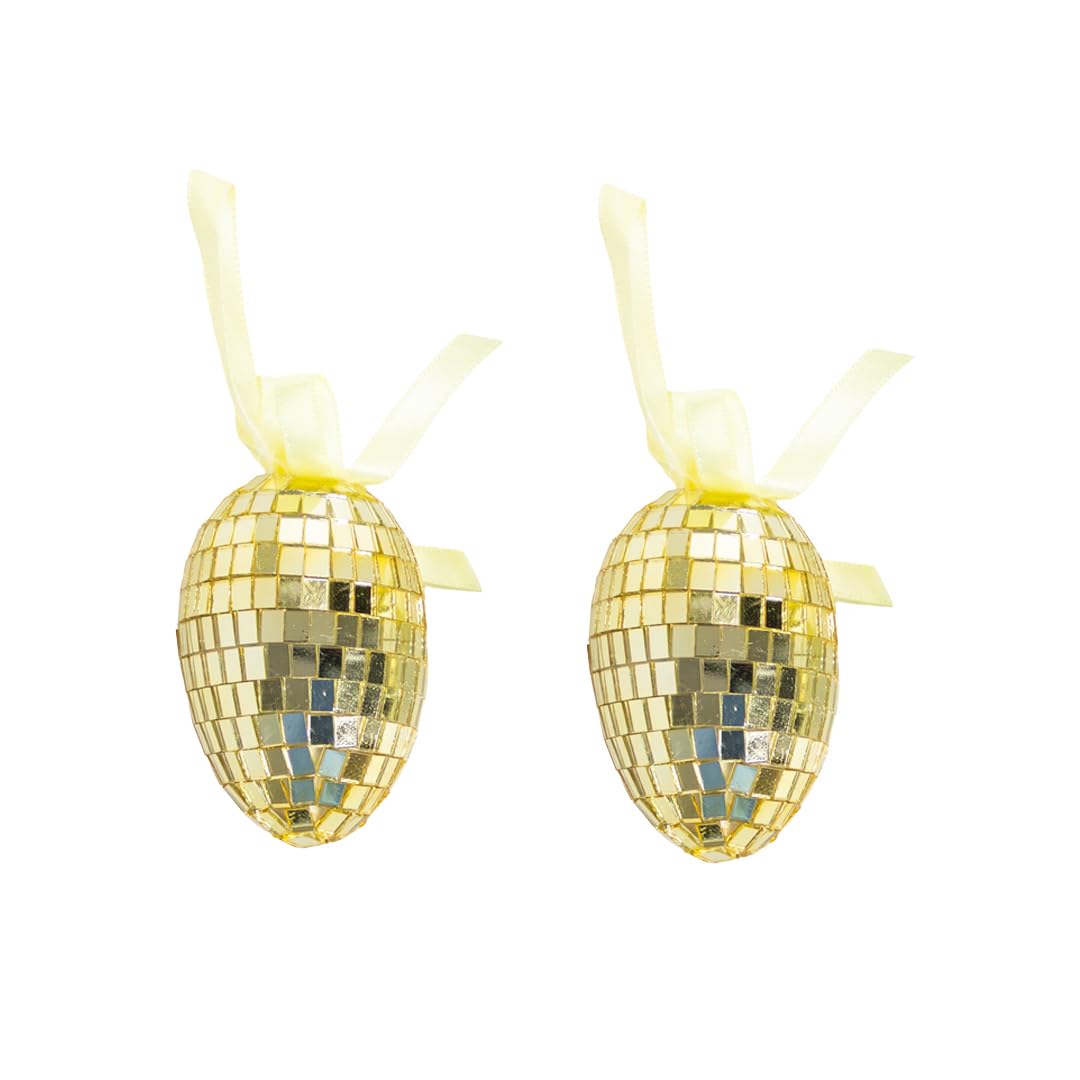 Gem Imports Multicolour Gold Disco Easter Eggs Hanging Decorations – Pack Of 2 Glitter Mirror Ball Egg Ornaments With Ribbon For Wreaths & Spring Displays
