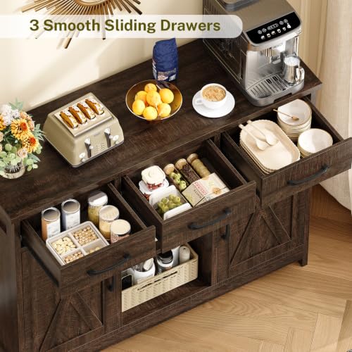 Image of TEENFON Coffee Bar Cabinet with 3 Drawers, Farmhouse Buffet Cabinet