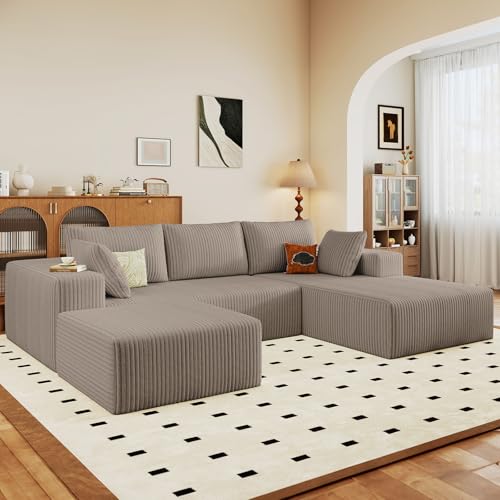 Image of 96 inch W Cloud Sectional Couch with Ottoman,Modern U-Shaped Cloud Couch with Deep Seat,Comfy Corduroy Sofa,Memory Foam Sofa for Living Room,No Assembly (Camel,Right-Facing Chaise)