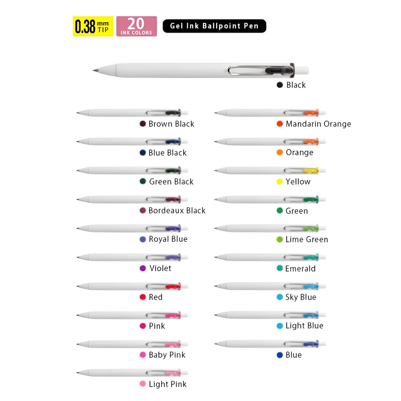 Mitsubishi - Bolígrafo de tinta de gel, Uni-ball One, 0.38 mm, juego de 20 colores