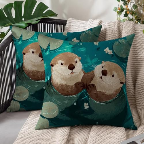Coussin loutre turquoise 40x40 déco extérieur imperméable lot de 2 en lin