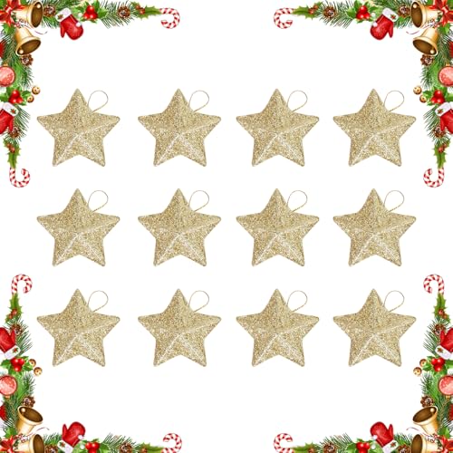 KLINNA Lot de 12 Décorations d'Étoiles pour Sapin de Noël, Pendentif Étoile Pailletée comme Décoration & Set de Décorations, Sapin de Noël & Ornement(Or)