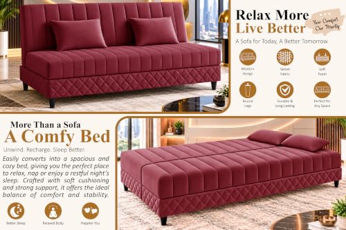 Image of 3-Seater Velvet Sofa Cum Bed | Tufted Convertible Sleeper Sofa | Plush Cushioned Seating | Space-Saving Design for Living Room, Bedroom & Office | Red