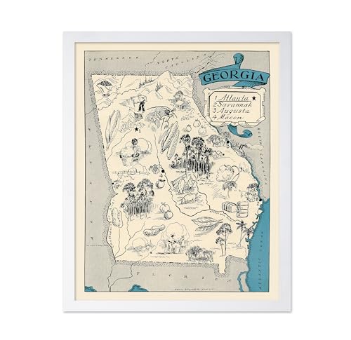 Poster Master Vintage Georgia State Print - Retro Map Poster - Educational Art - Gift for Teacher, Student, Travel Lover - Wall Decoration for Classroom, Office, Dorm - 16x20 White Framed