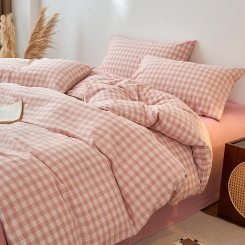 Image of EAVD Vintage Style Gingham Plaid Duvet Cover Queen Pink White Soft 100% Washed Cotton Chic Warm Checkered Bedding Set with 2 Pillowcases Farmhouse Grid Gingham Duvet Cover with Zipper Closure