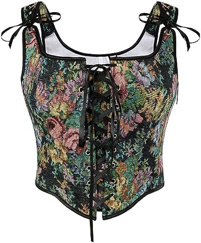 SCARLET DARKNESS Damen Renaissance Korsett Top Blumen Mittelalter Oberteil | Knochen | Linker Reißverschluss | Schleifenbänder | Trachtenmieder | Viktorianisch | Vintage | Hallowee
