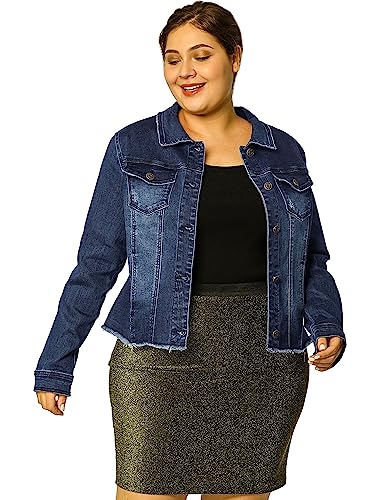 Agnes Orinda Women's Plus Size Classic Washed Front Frayed Denim Jacket