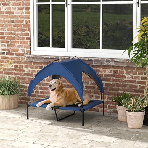 PawHut Erhöhtes Hundebett mit Baldachin, Haustierbett, Outdoor Hundeliege mit Dach, Atmungsaktiv, für große Hunde Dunkelblau Oxford 91 x 76 x 89 cm