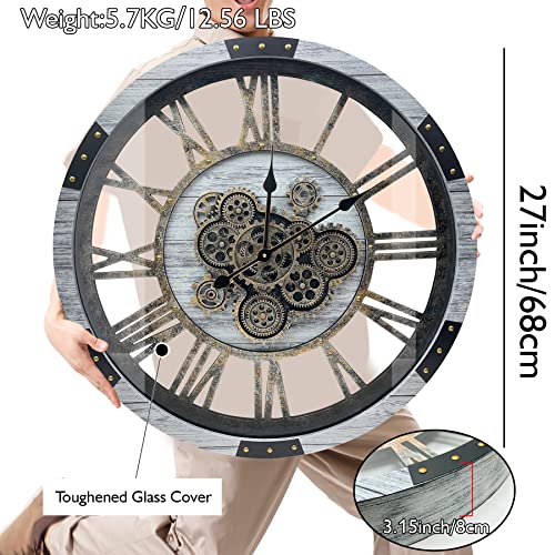 Dorboker 27" Original Moving Gears Wall Clock, Large Industrial Wall Clock For Living Room Decor, Retro Metal Solid Wood Vintage Farmhouse Steampunk Rustic Clocks For Wall Decor,Silver Grey #TOP4
