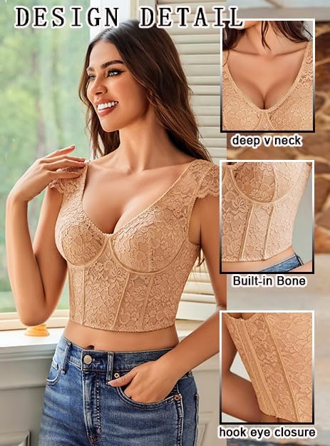 Avidlove Corset Tops for Women Floral Lace Bustier Cap Sleeve Crop Top Sexy V Neck Going Out Outfit with Buckle - Image 3