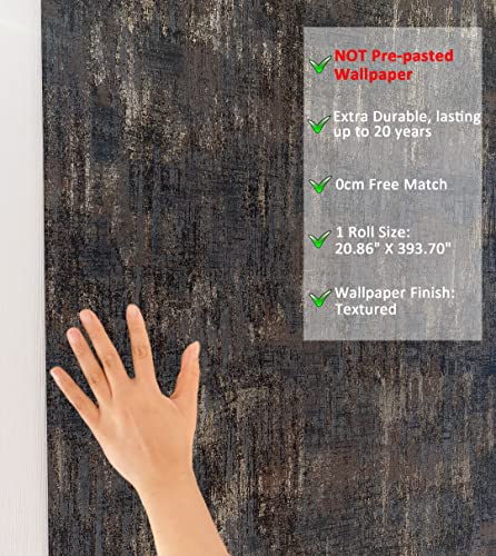 Matte Thick Textured Wallpaper Distressed Charcoal & Gold Wall Covering Industrial Style Non-Woven Wall Paper, 20.86 X 393.70 Inch Per Roll, 2 Rolls, Not Peel And Stick #TOP5