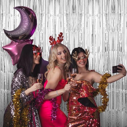 TenLaitech 3 Pack 3.3 x 9.9 ft Silver Foil Fringe Backdrop Curtain, Streamer Backdrop Curtains, Streamers Birthday Party Decorations, Tinsel Curtain for Parties, Galentines Decor, Preppy, Photo Booth