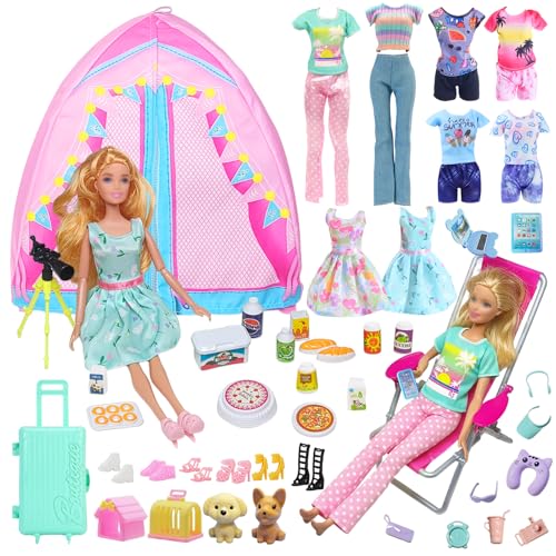43 Doll Clothes Travel Camping Tent Compatible with Barbie Floral Dress Leisure Top Pants Camping Chair Telescope Travel Snacks Pet Toys Accessories shoes