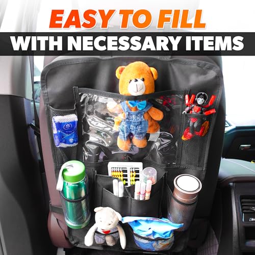 Image of 2 Pcs Backseat Car Organizer - Travel-Ready 23.4x16 inch Back Seat Car Organizer with 9 Large Pockets and Clear Tablet Holder, Made from Polyester with Adjustable Straps - Easy to Attach and Clean