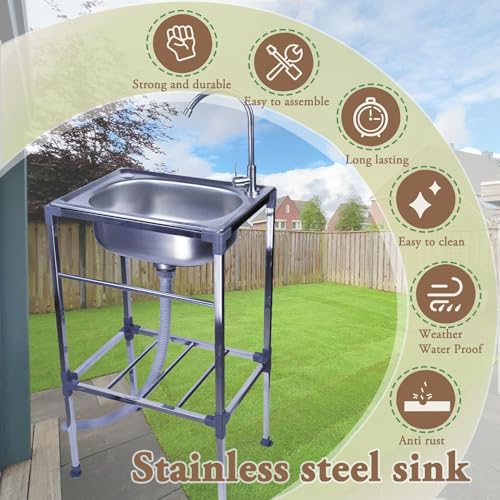 Évier Sur Pieds de Cuisine en Acier Inox 1 Bac Évier De Jardin Extérieur Lavabo Multifonctionnel Commercial Utilitaire avec Robinet Pivotant,pour Garage,Blanchisserie – Image 4