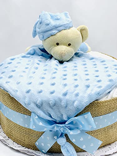 Tarta de pañales DODOT con DouDou para bebé - Regalo original para recién nacido - Incluye tarjeta DEDICATORIA - Regalo mamás primerizas (Azul)