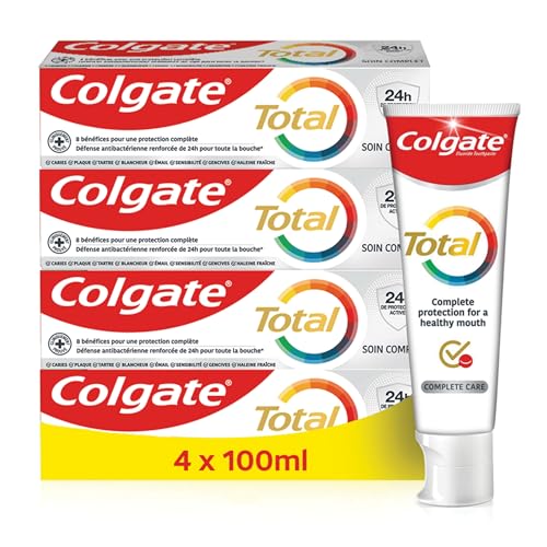 Colgate Total Dentifrice Soin Complet, Anti-Caries, Antibactérien 24 Heures, Fluor, Lot de 4 Tubes 100 ml