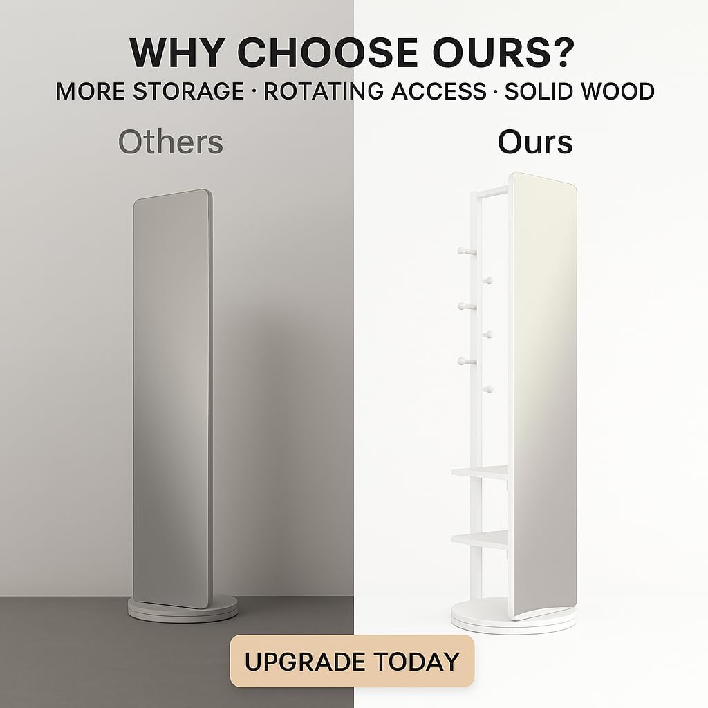 3-in-1 69" Rotating Dressing Mirror with Coat Rack and Shelves – Freestanding Full Length Mirror with Storage for Bedroom Closet Entryway (White)