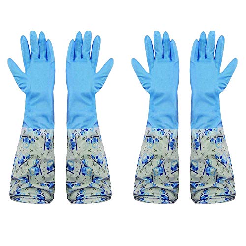 Image of Reusable Rubber Latex PVC Flock lined Long Elbow Hand Gloves Safety Kitchen for Dish-Washing, Cleaning, Gardening, Laundry and Sanitation and Lab Work (Blue) (2 Pair Blue)