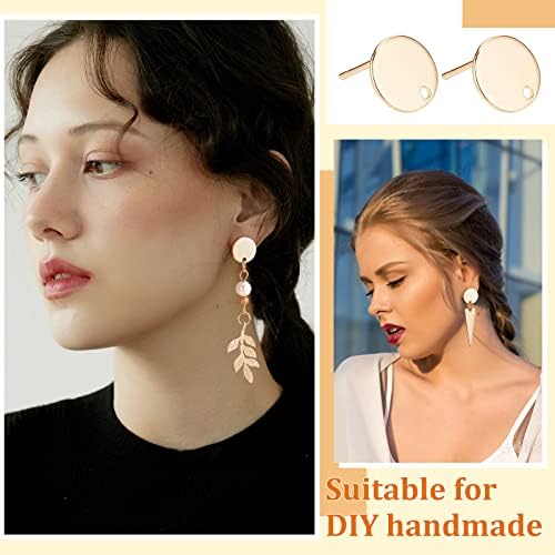 BENECREAT 10PCS 18K Gold Plated Flat Round Earring Studs Brass Earring Findings with 10PCS Brass Ear Nuts for Earring DIY Jewelry Making, Hole: 1mm, Pin: 0.8mm