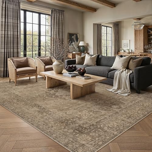 Brown 6x9 Area Rug for Living Room,Non-Slip Washable Carpet,Floral Vintage Distress Print Pattern Area Rug,Easy Care for High Traffic Soft Carpet in
