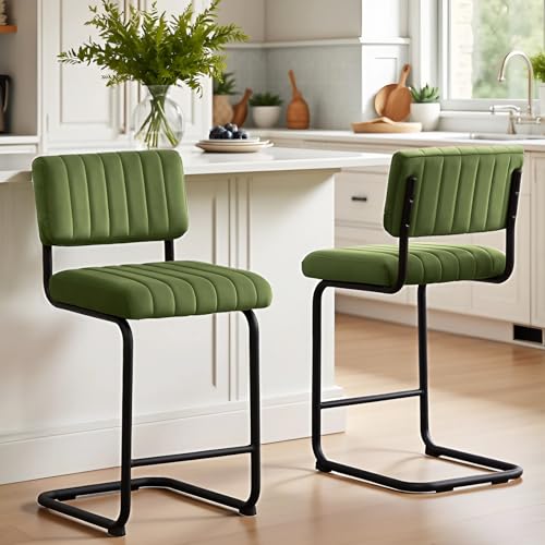 Image of ONEVOG 24 Inch Green Counter Bar Stools Set of 2, Mid-Century Modern Counter Height Cantilever Chairs for Kitchen Island, Upholstered Velvet Fabric Barstools with Back and Metal Leg, Olive Green