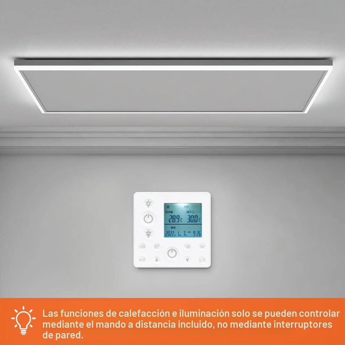 Calefacción por infrarrojos con termostato, calefacción de techo de 700 W, iluminación LED, luz blanca fría/cálida, brillo ajustable, calefacción por infrarrojos