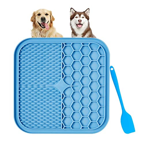 Alfombrilla para Lamer Perros 30X30cm sin BPA Dog Lick Pad con 1 Espátula de Silicona Lamer Estera para Perros alimentador Lento de succión Fuerte para Mascotas Bañarse Arreglarse Entrenar Azul Cover
